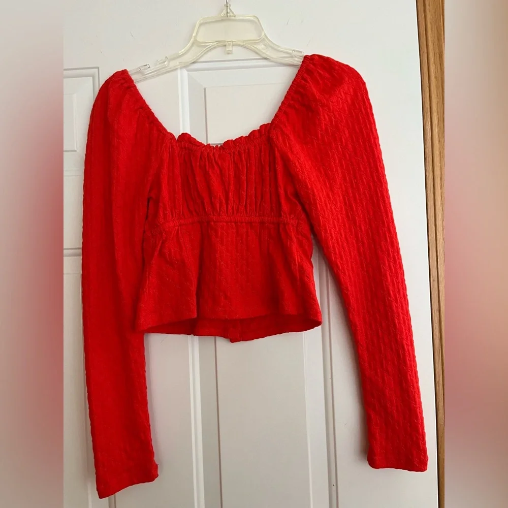 Free People Red Long Sleeve Button-Front Crop Top